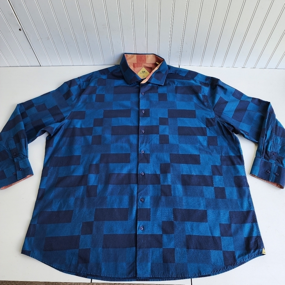 Steven Land Mens Tall Teal Blue Check Dress Shirt Sz 3XLT (19) Long Sleeve